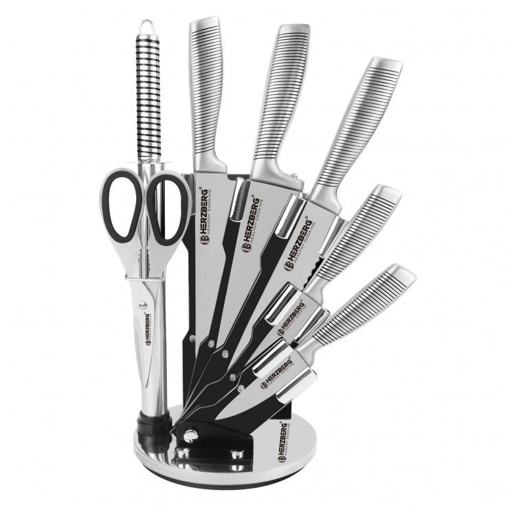 Herzberg HG-SKN8: Set de couteaux en acier inoxydable 8 pièces + support acrylique pivotant et pliable à 360 Noire
