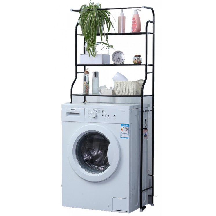 Herzberg HG-03299: Étagère à 3 niveaux pour lave-linge et salle de bains avec porte-serviettes Noire