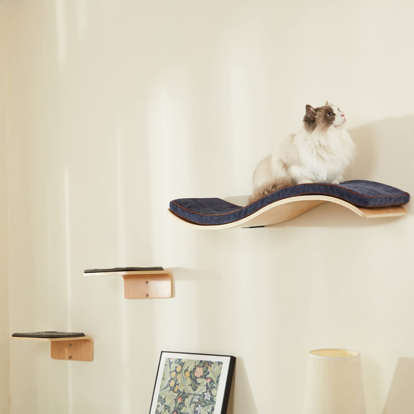 Wave Cat Shelves with 2 Cat Wall Steps -  Modern Cat Wall Furniture, Cream