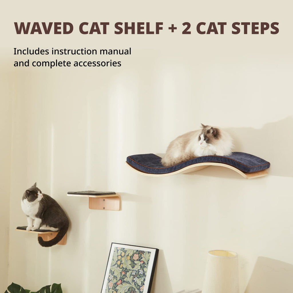 Wave Cat Shelves with 2 Cat Wall Steps -  Modern Cat Wall Furniture, Cream