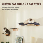 Wave Cat Shelves with 2 Cat Wall Steps -  Modern Cat Wall Furniture, Cream