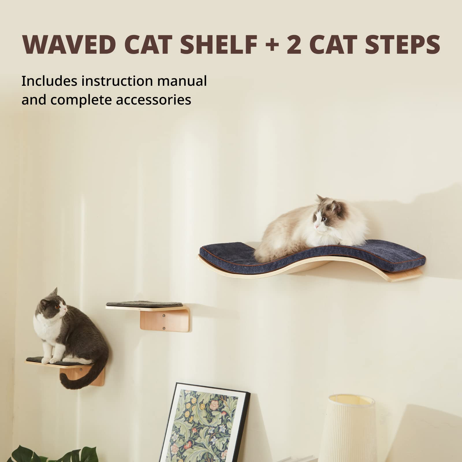 Wave Cat Shelves with 2 Cat Wall Steps -  Modern Cat Wall Furniture, Cream