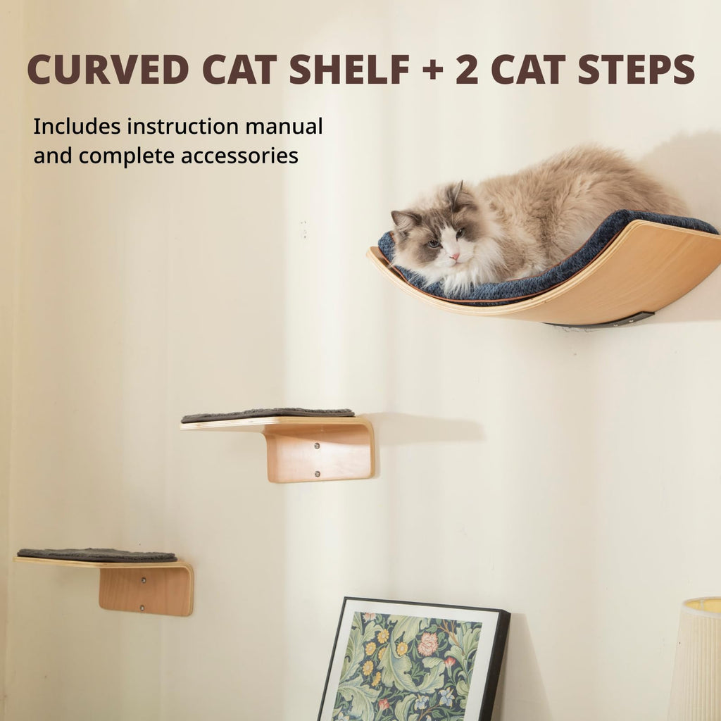 Large Cat Wall Shelves with 2 Cat Wall Steps -  Modern Cat Wall Furniture, Cream