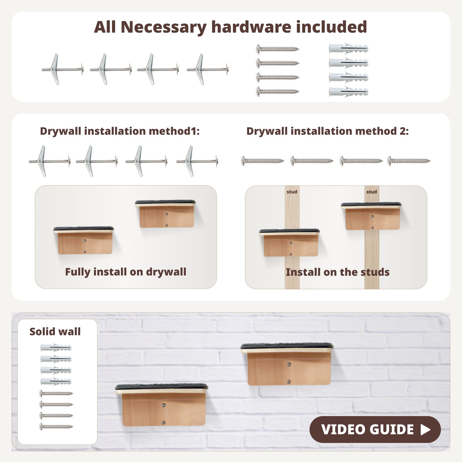 2 Set Cat Wall Steps - Wooden Cat Climbing Shelves